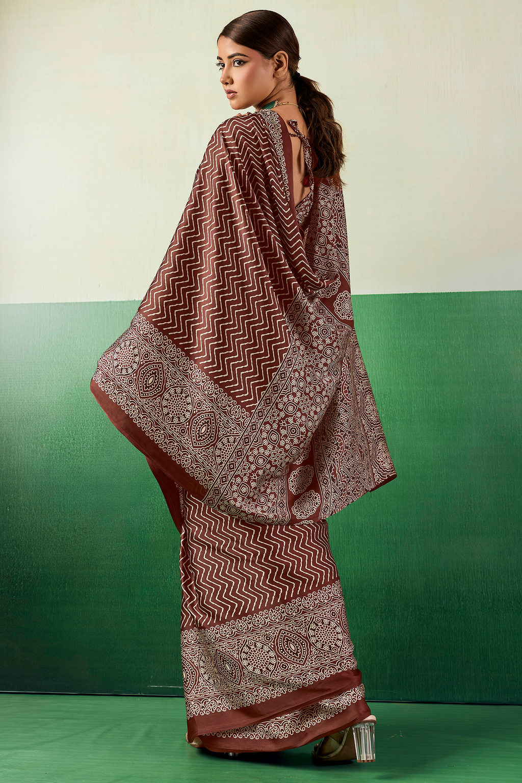 Chocolate Brown Satin Ajrakh Print Saree with Chevron Body and Detailed Pallu Border