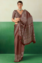 Chocolate Brown Satin Ajrakh Print Saree with Chevron Body and Detailed Pallu Border