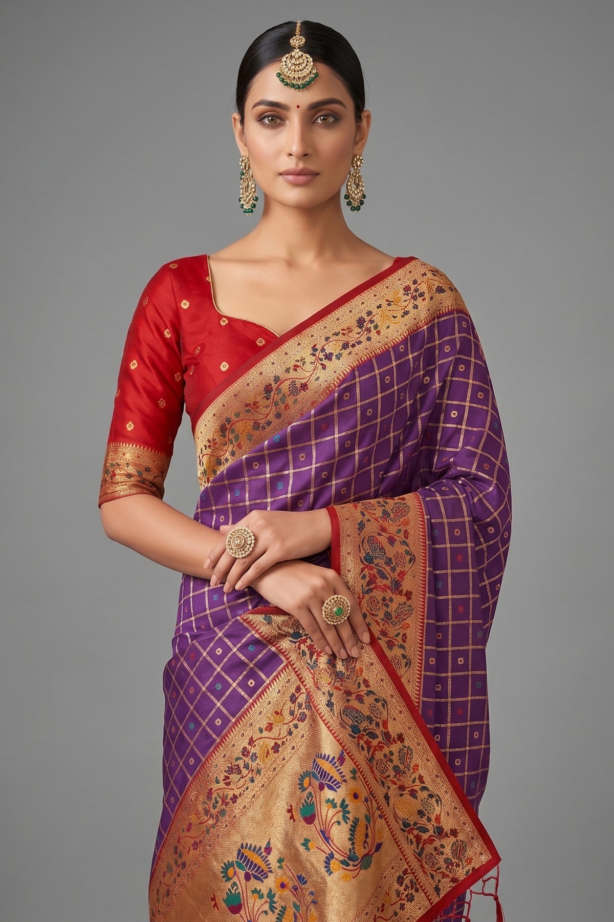 Purple Art Silk Saree with Elegant Zari Checks and Contrast Floral Border