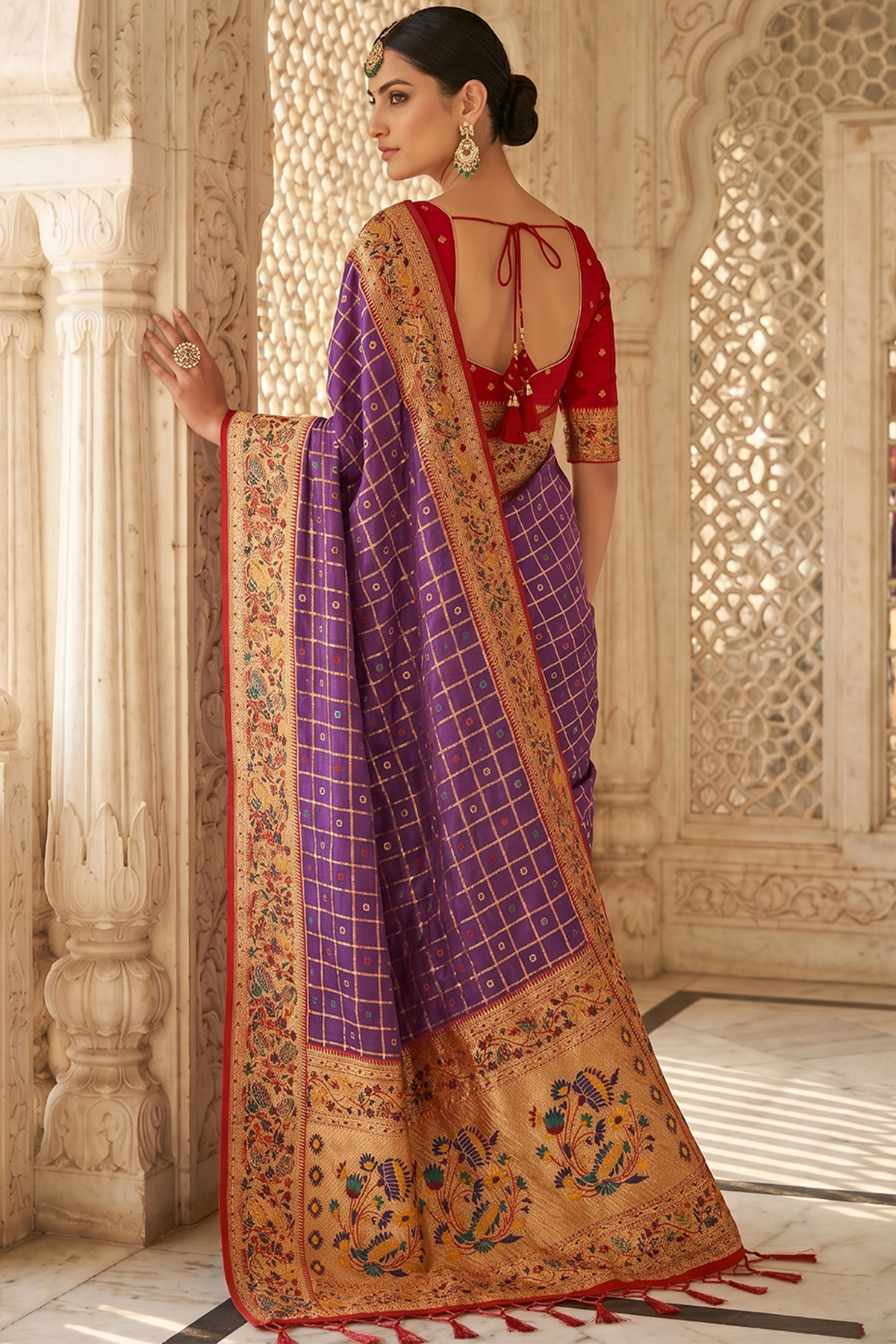 Purple Art Silk Saree with Elegant Zari Checks and Contrast Floral Border