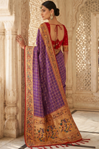 Purple Art Silk Saree with Elegant Zari Checks and Contrast Floral Border