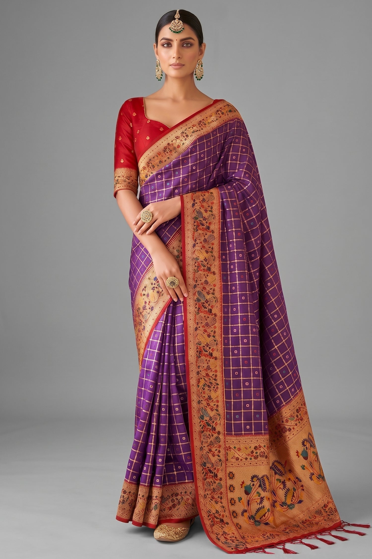 Purple Art Silk Saree with Elegant Zari Checks and Contrast Floral Border