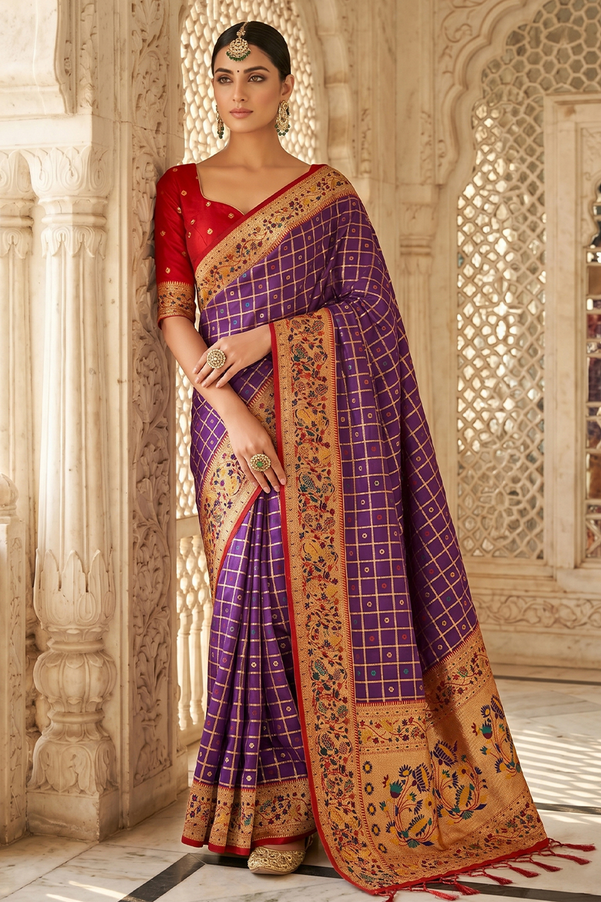 Purple Art Silk Saree with Elegant Zari Checks and Contrast Floral Border