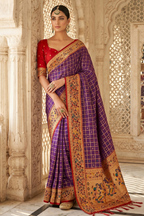 Purple Art Silk Saree with Elegant Zari Checks and Contrast Floral Border