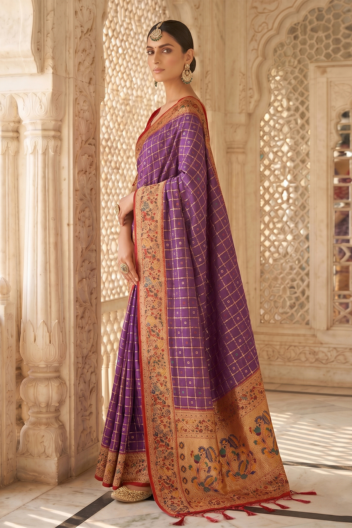 Purple Art Silk Saree with Elegant Zari Checks and Contrast Floral Border