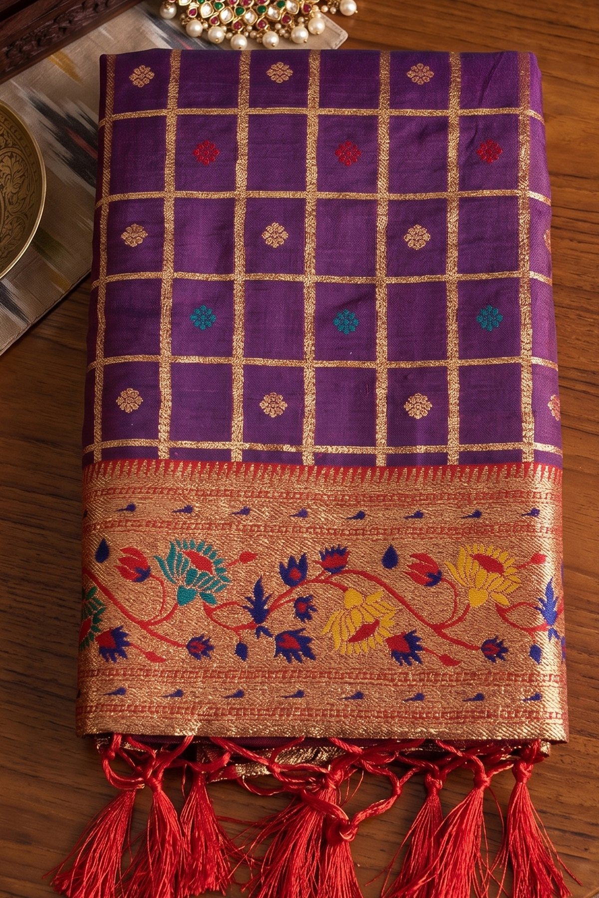 Purple Art Silk Saree with Elegant Zari Checks and Contrast Floral Border