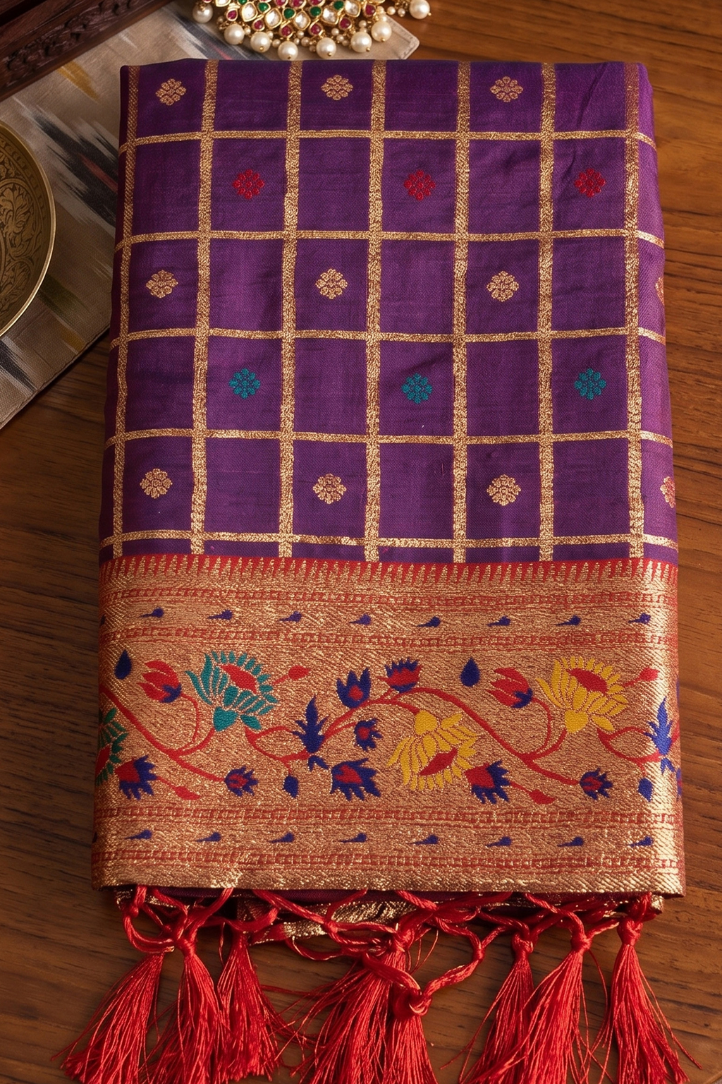 Purple Art Silk Saree with Elegant Zari Checks and Contrast Floral Border