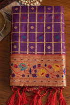 Purple Art Silk Saree with Elegant Zari Checks and Contrast Floral Border