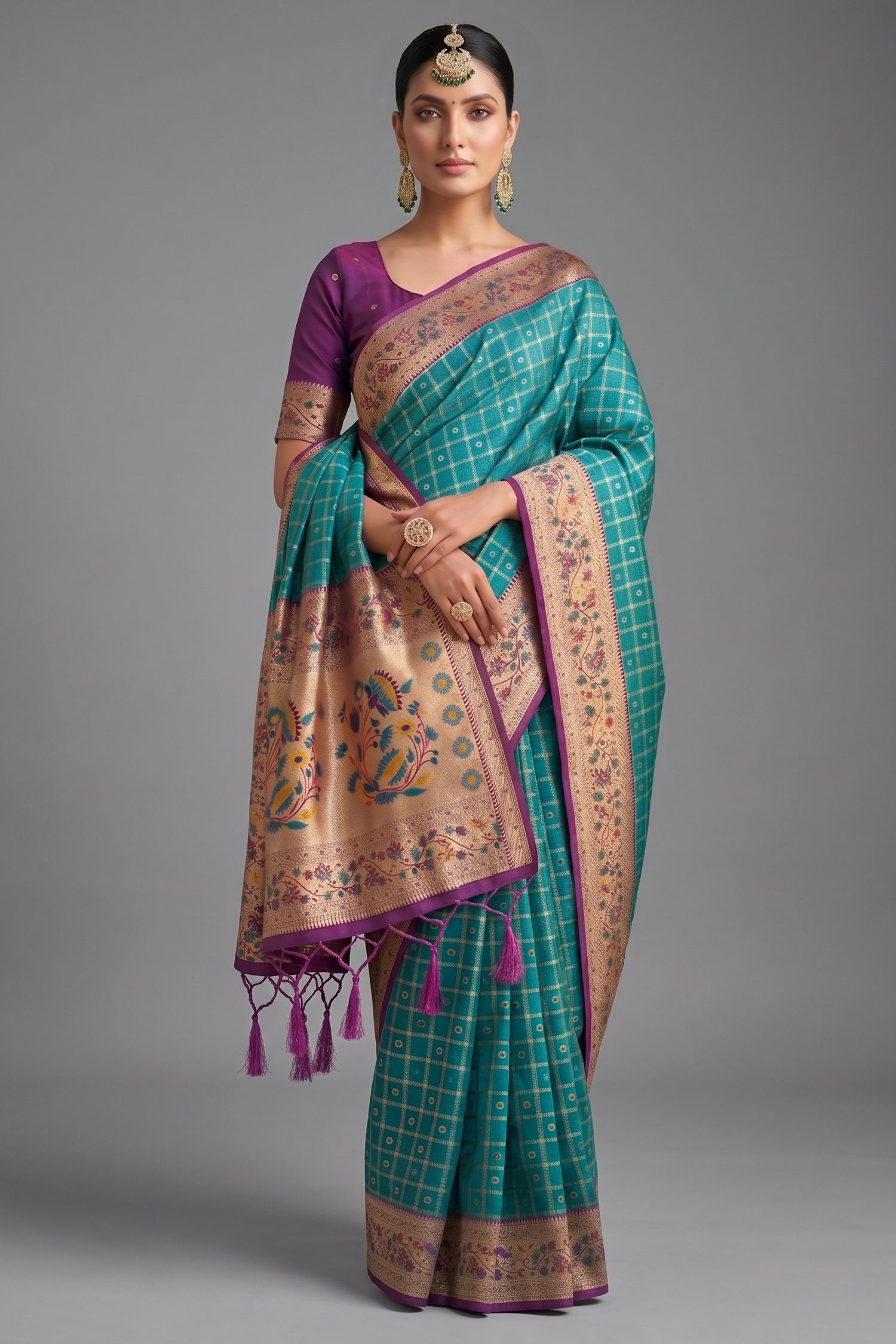 Blue Art Silk Saree with Elegant Zari Checks and Contrast Floral Border Main image
