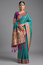 Blue Art Silk Saree with Elegant Zari Checks and Contrast Floral Border
