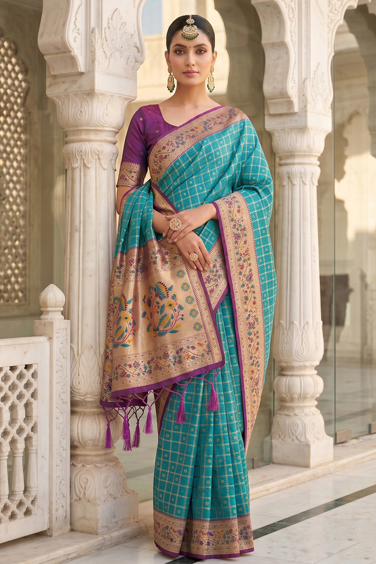 Blue Art Silk Saree with Elegant Zari Checks and Contrast Floral Border