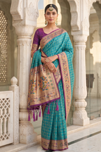 Blue Art Silk Saree with Elegant Zari Checks and Contrast Floral Border