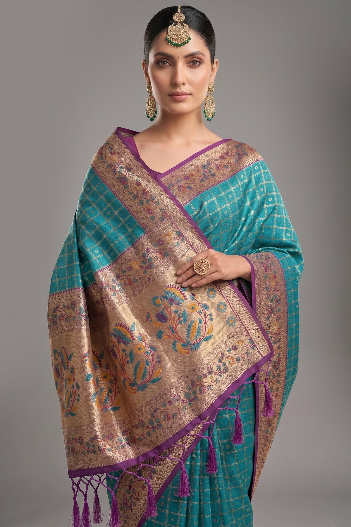 Blue Art Silk Saree with Elegant Zari Checks and Contrast Floral Border