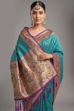 Blue Art Silk Saree with Elegant Zari Checks and Contrast Floral Border
