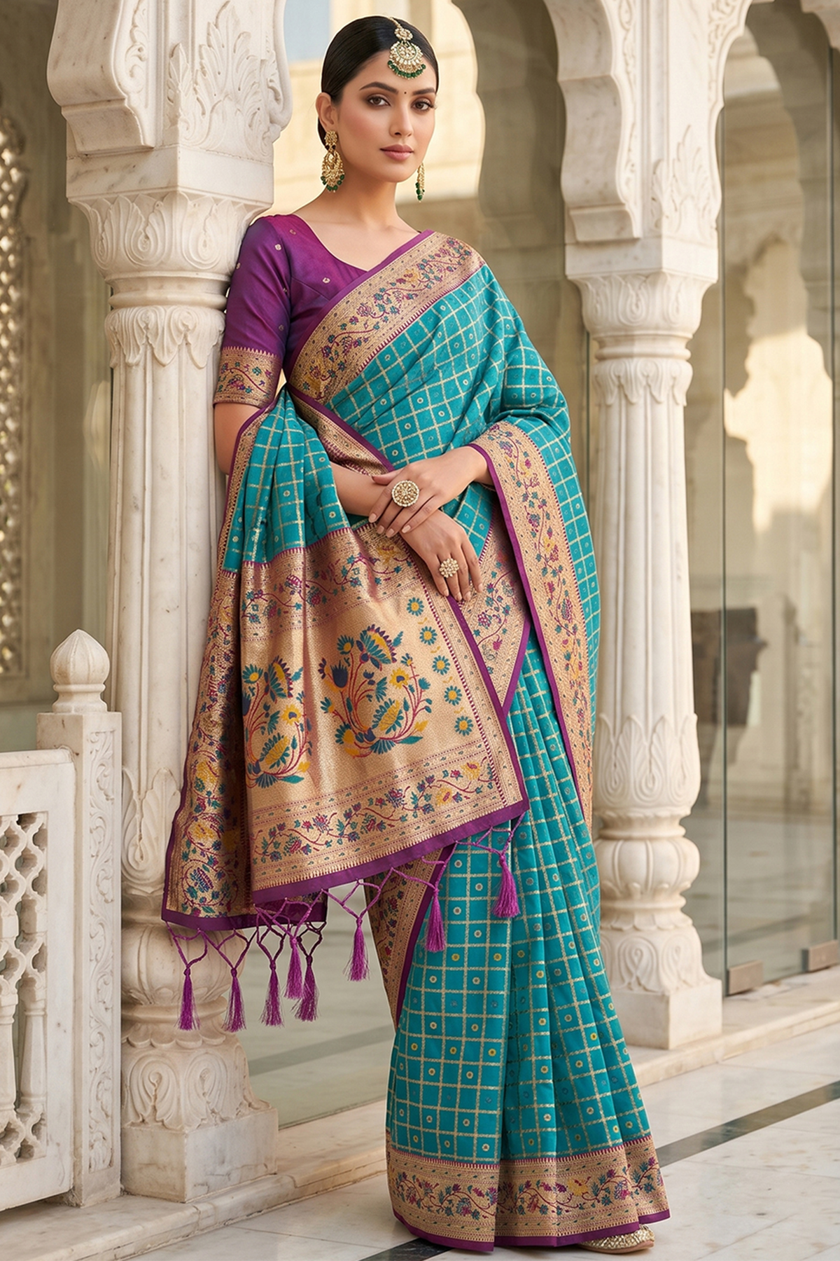 Blue Art Silk Saree with Elegant Zari Checks and Contrast Floral Border