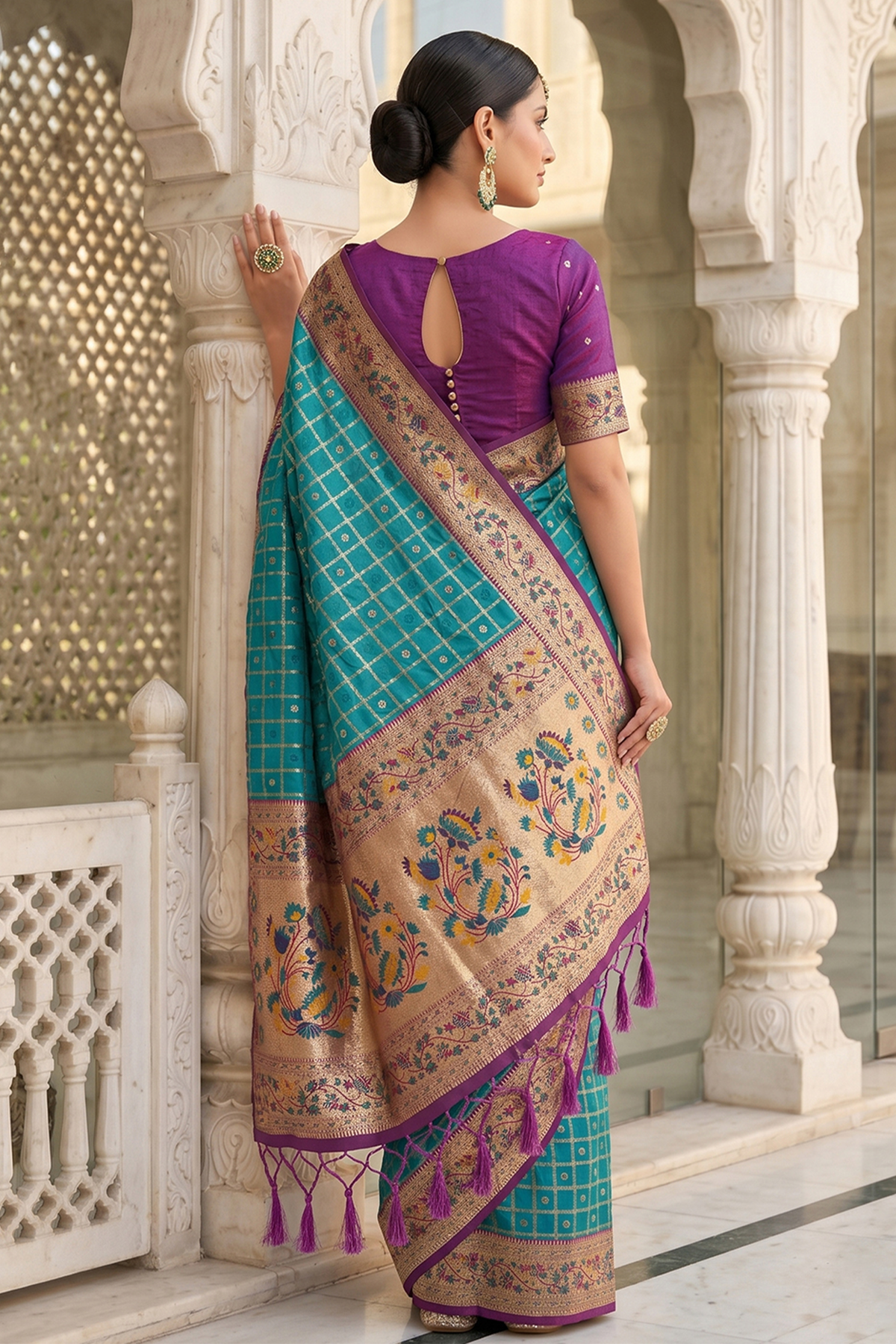 Blue Art Silk Saree with Elegant Zari Checks and Contrast Floral Border