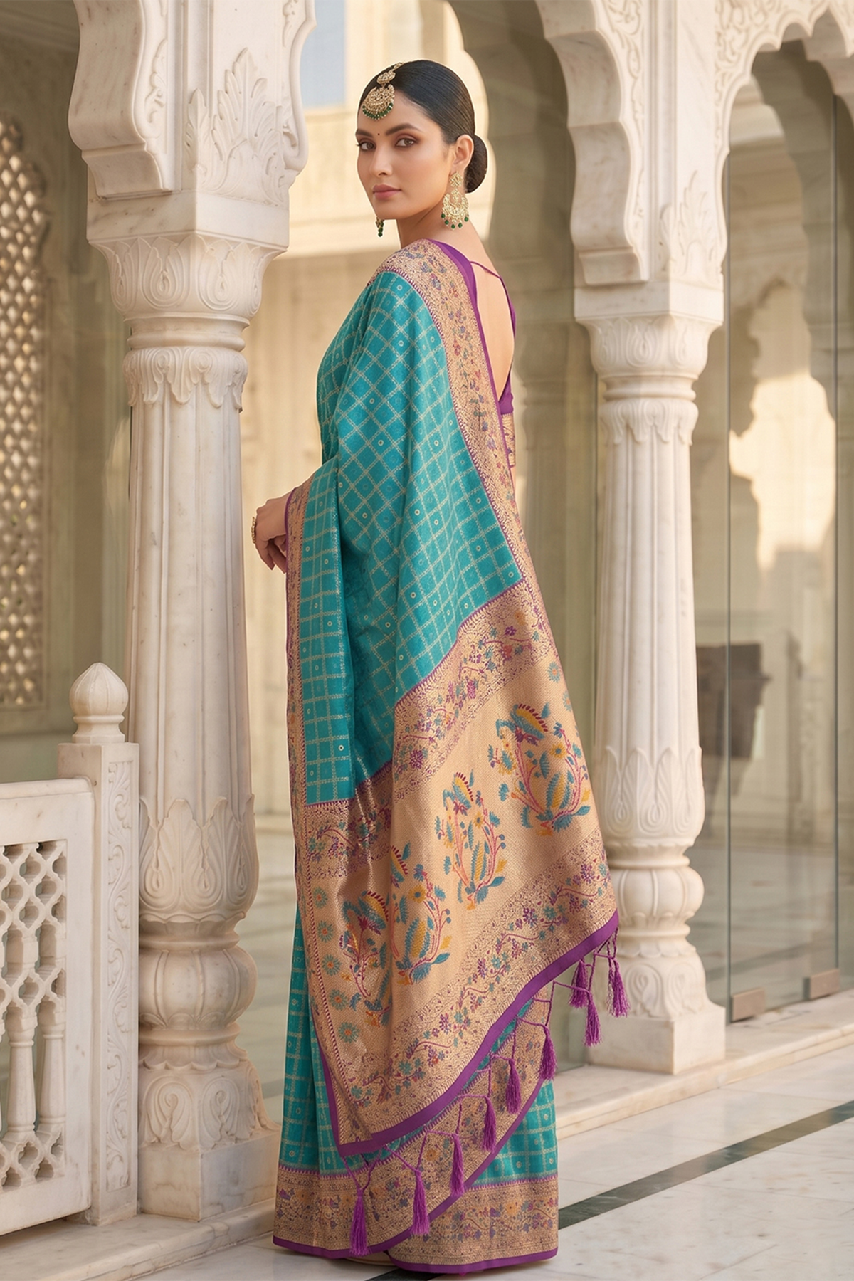 Blue Art Silk Saree with Elegant Zari Checks and Contrast Floral Border