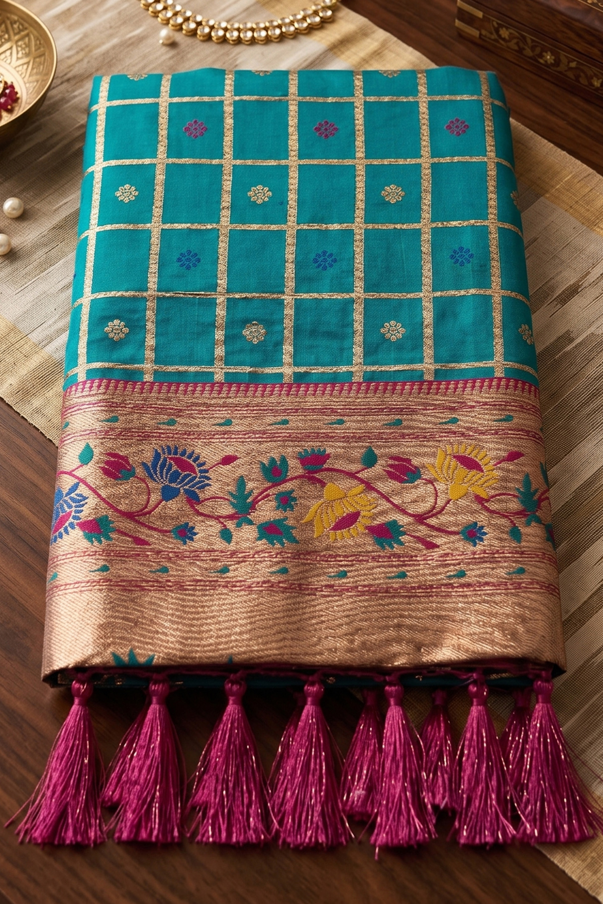 Blue Art Silk Saree with Elegant Zari Checks and Contrast Floral Border