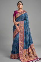 Deep Navy Blue Art Silk Saree with Elegant Zari Checks and Contrast Floral Border