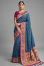 Deep Navy Blue Art Silk Saree with Elegant Zari Checks and Contrast Floral Border