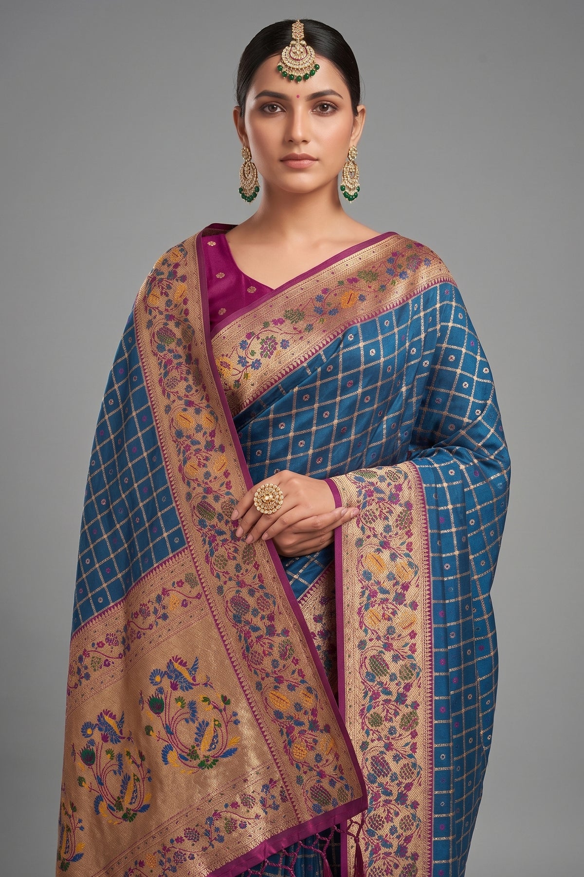 Deep Navy Blue Art Silk Saree with Elegant Zari Checks and Contrast Floral Border