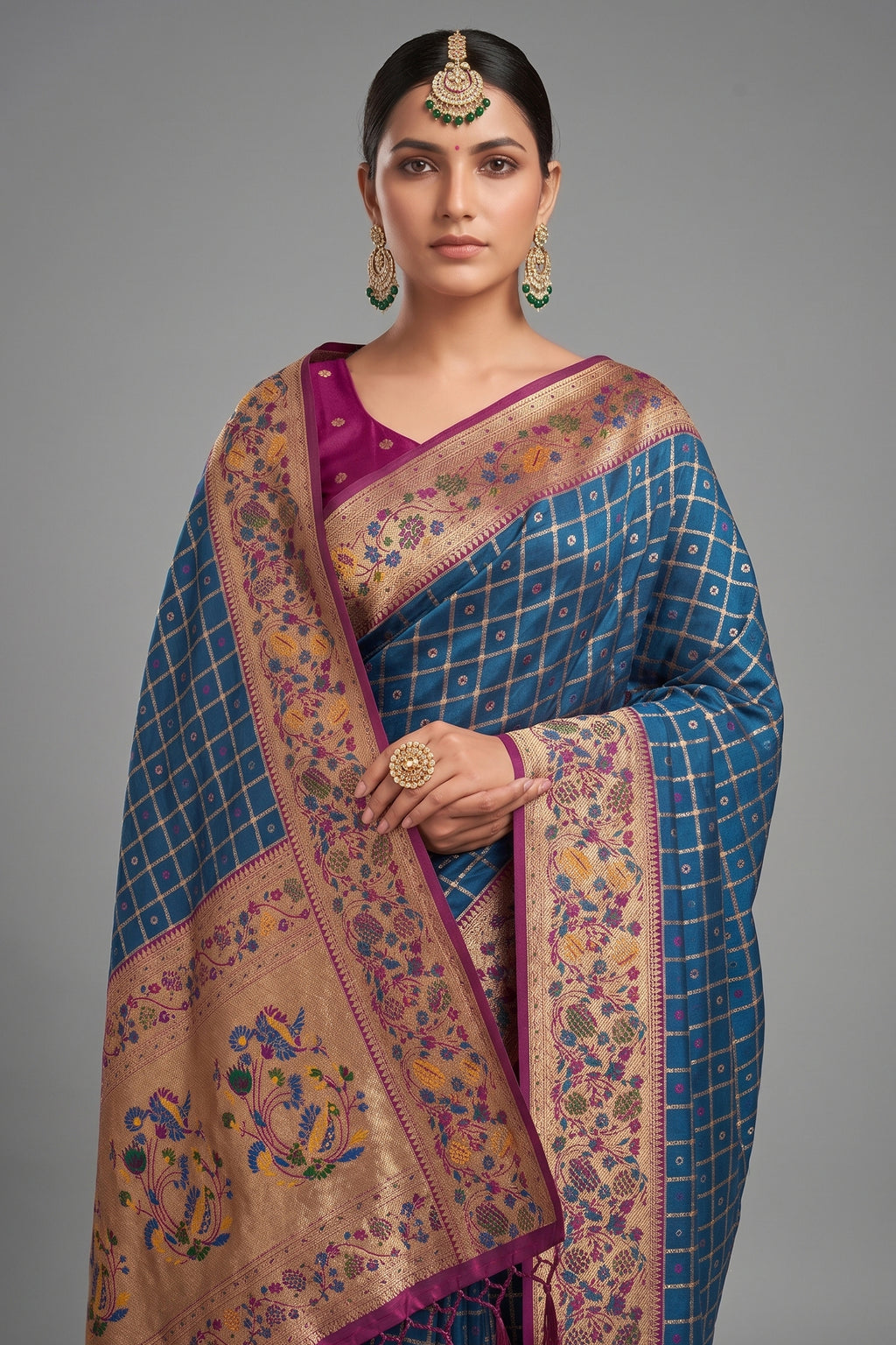 Deep Navy Blue Art Silk Saree with Elegant Zari Checks and Contrast Floral Border