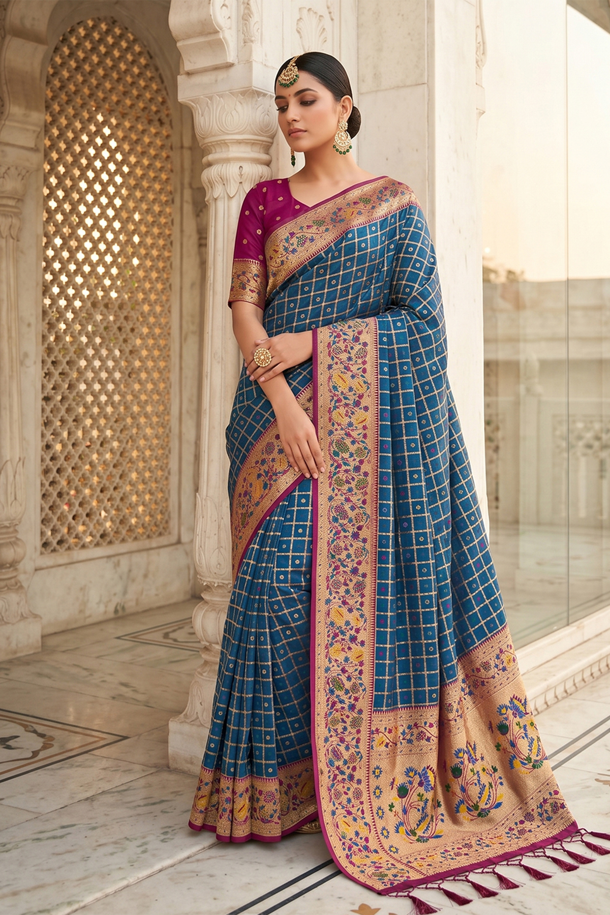 Deep Navy Blue Art Silk Saree with Elegant Zari Checks and Contrast Floral Border