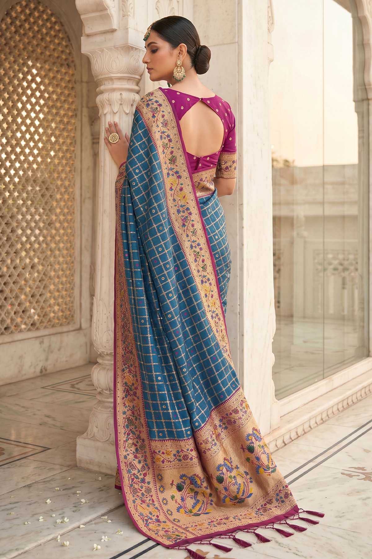 Deep Navy Blue Art Silk Saree with Elegant Zari Checks and Contrast Floral Border