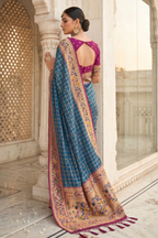 Deep Navy Blue Art Silk Saree with Elegant Zari Checks and Contrast Floral Border