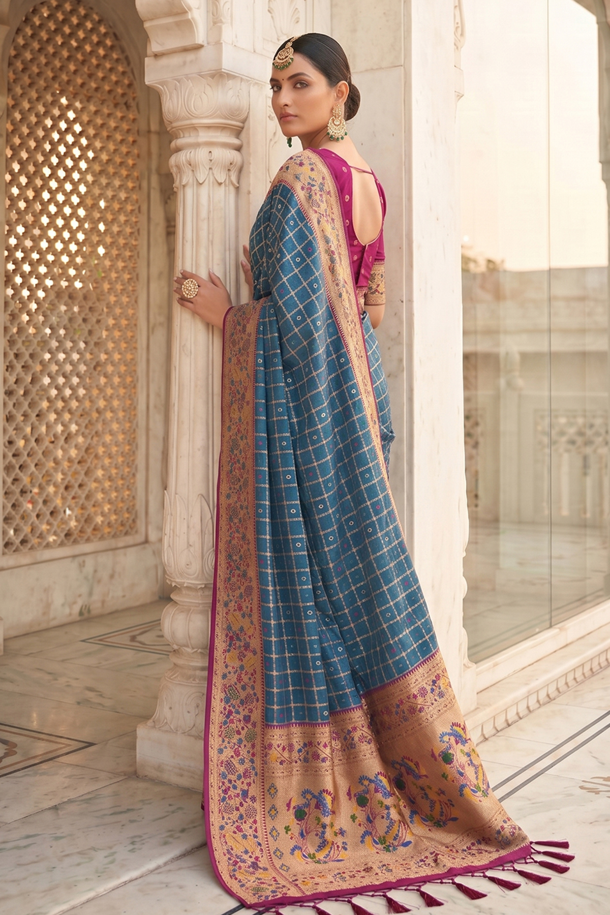 Deep Navy Blue Art Silk Saree with Elegant Zari Checks and Contrast Floral Border