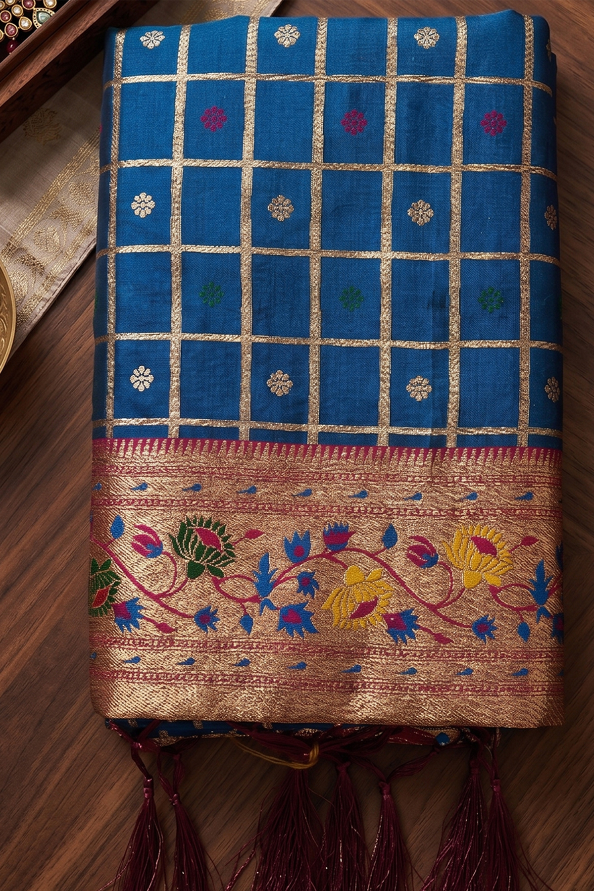 Deep Navy Blue Art Silk Saree with Elegant Zari Checks and Contrast Floral Border