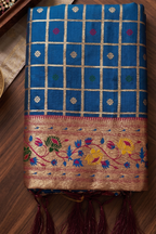 Deep Navy Blue Art Silk Saree with Elegant Zari Checks and Contrast Floral Border