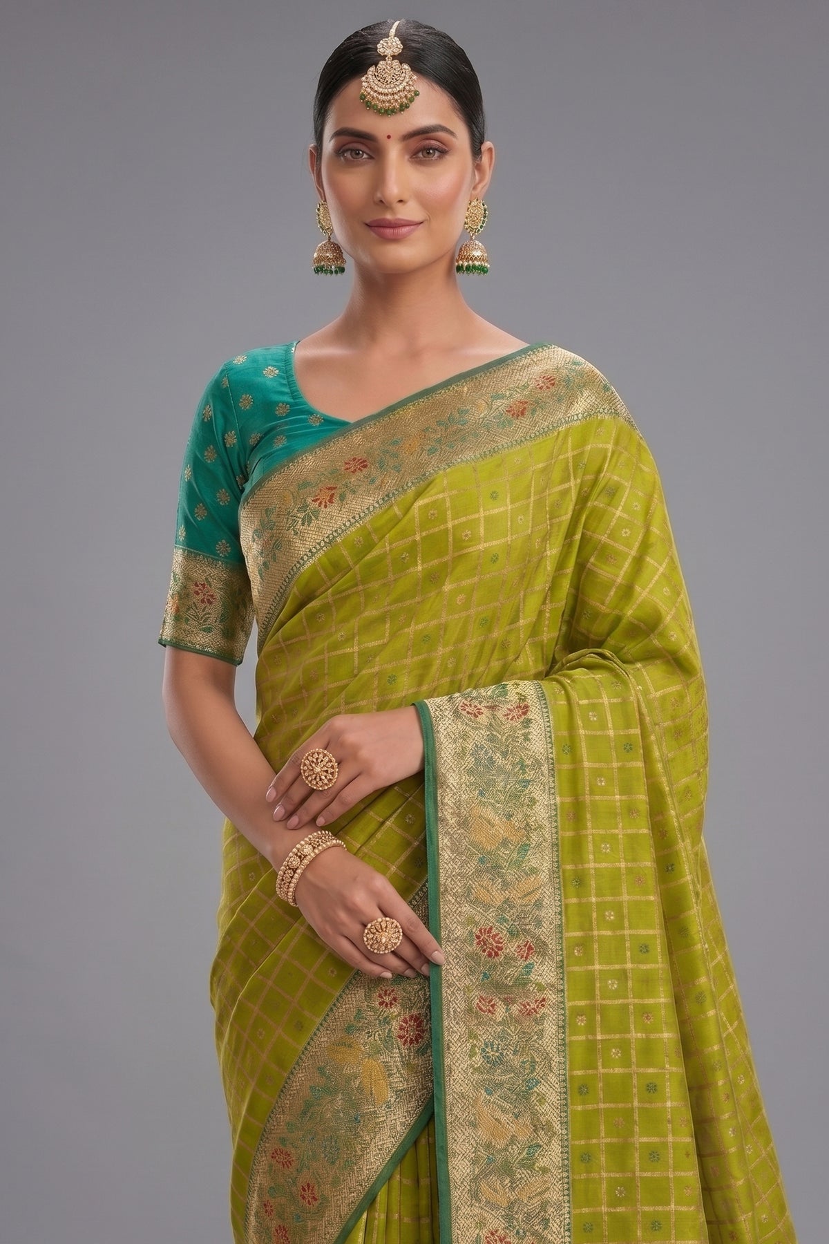 Lime Green Art Silk Saree with Elegant Zari Checks and Contrast Floral Border