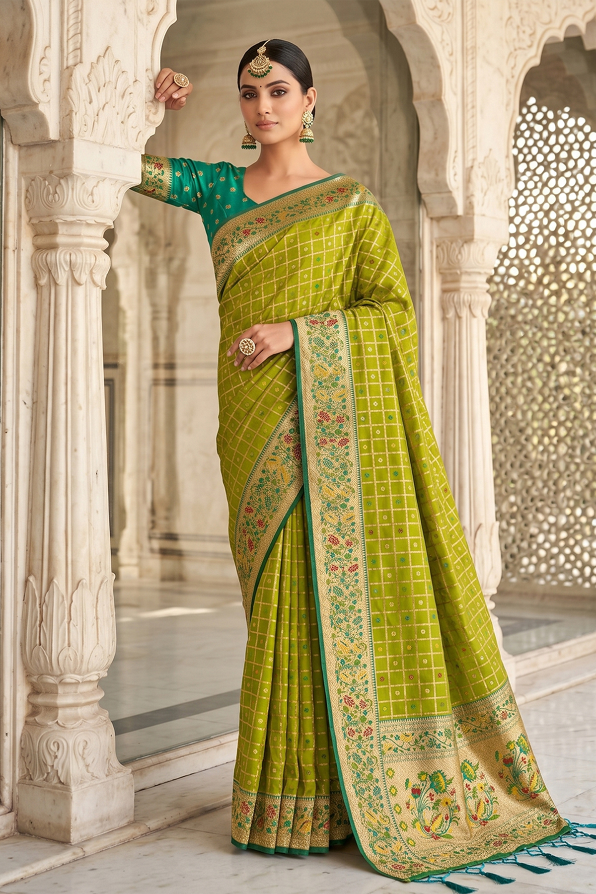 Lime Green Art Silk Saree with Elegant Zari Checks and Contrast Floral Border