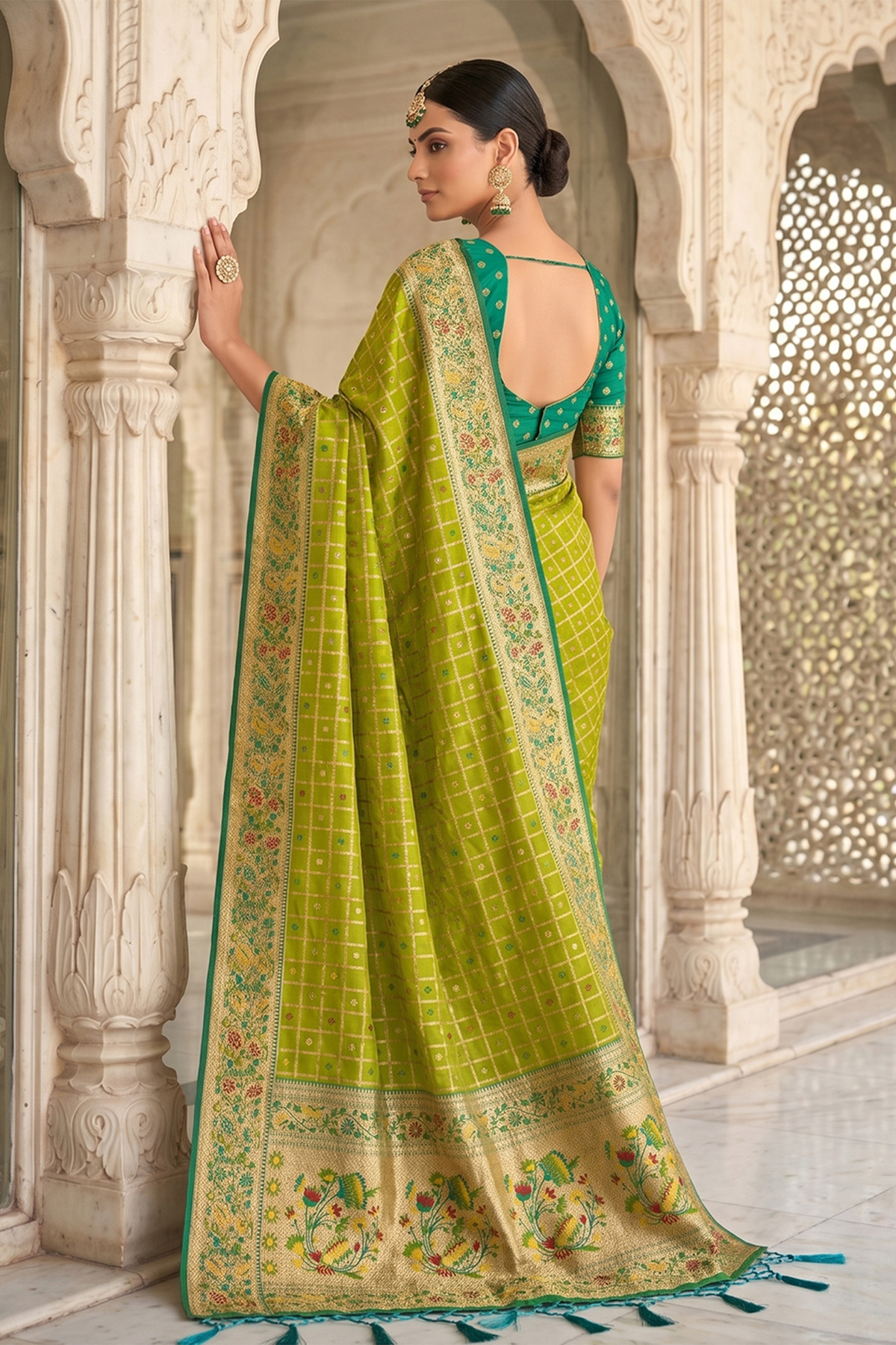 Lime Green Art Silk Saree with Elegant Zari Checks and Contrast Floral Border