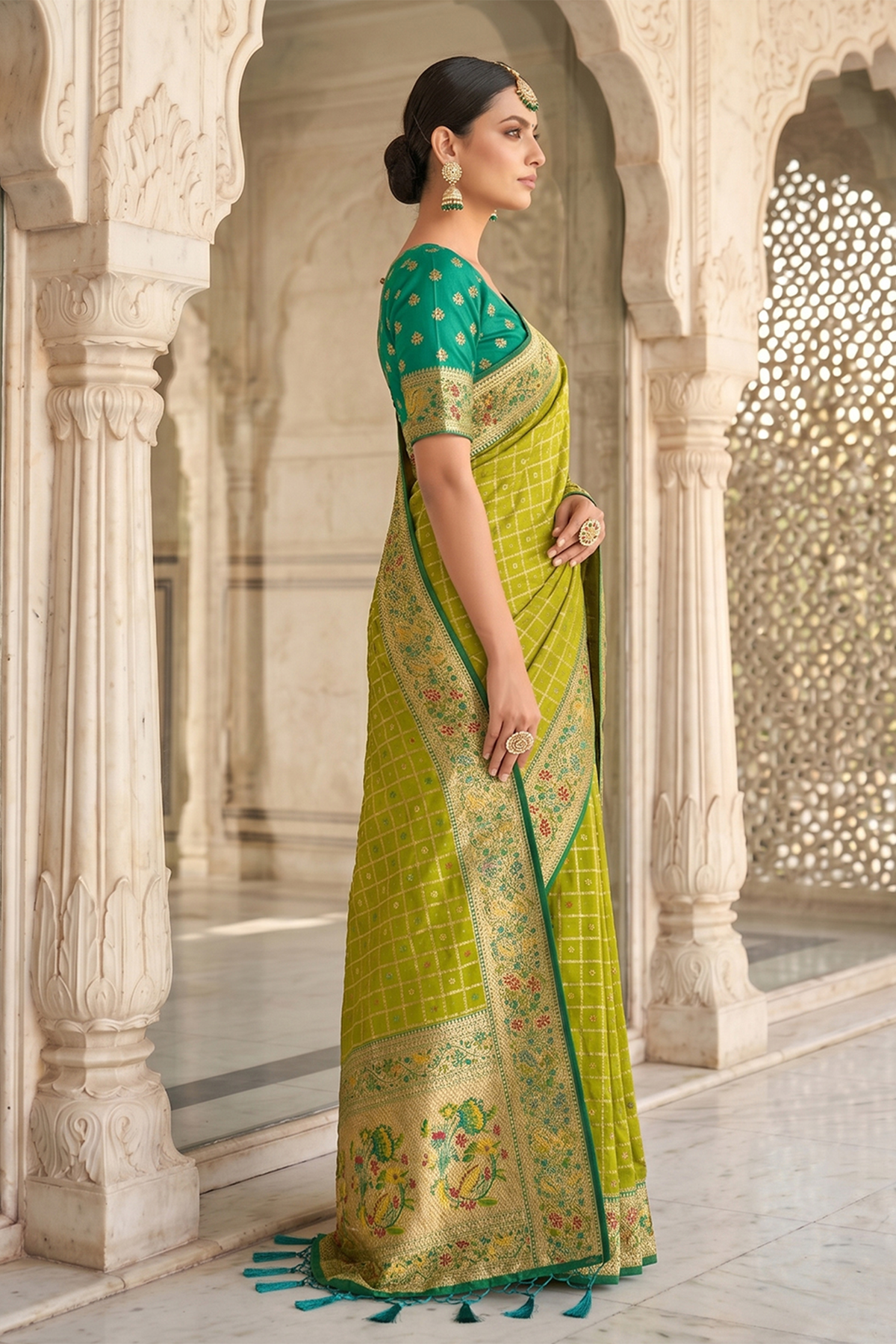 Lime Green Art Silk Saree with Elegant Zari Checks and Contrast Floral Border