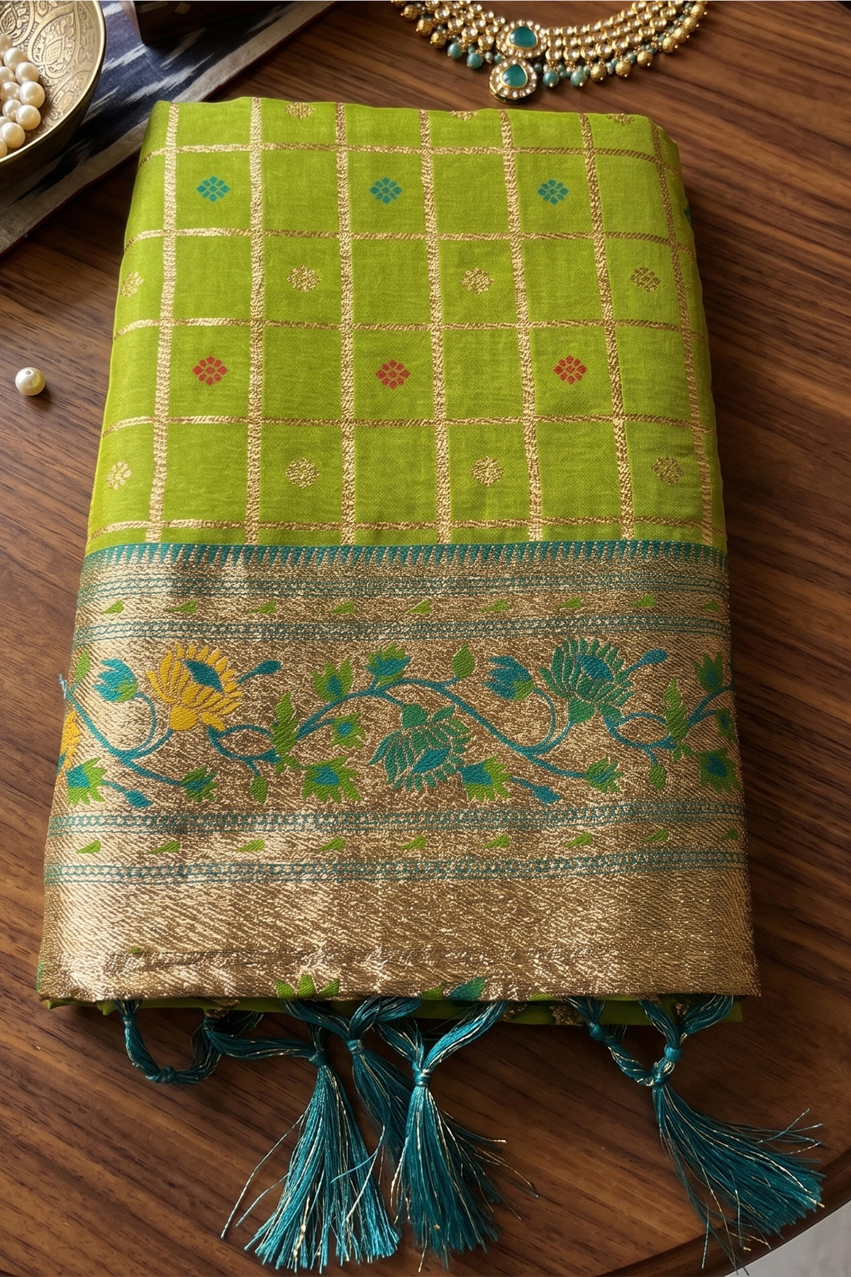 Lime Green Art Silk Saree with Elegant Zari Checks and Contrast Floral Border
