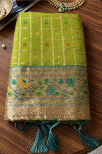 Lime Green Art Silk Saree with Elegant Zari Checks and Contrast Floral Border