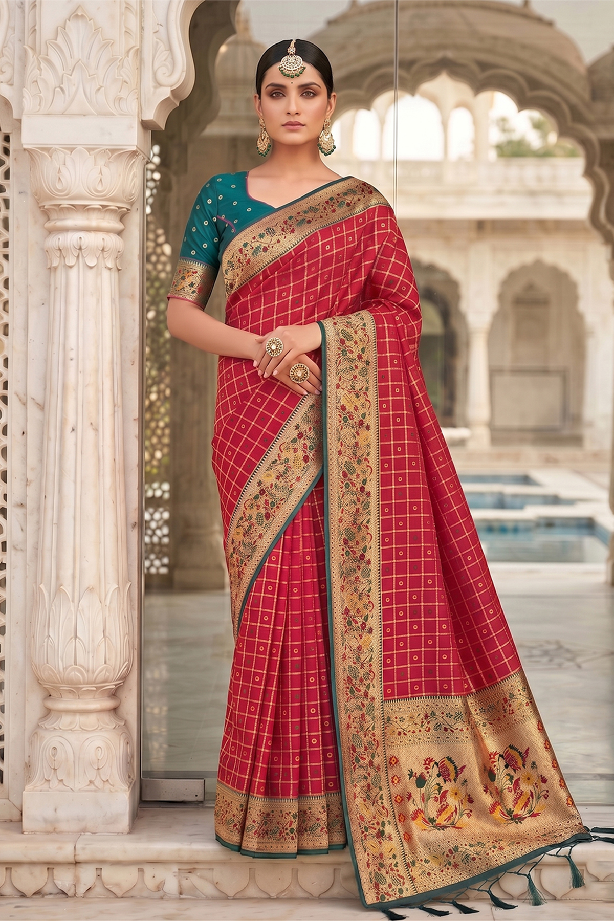 Crimson Red Art Silk Saree with Elegant Zari Checks and Contrast Floral Border