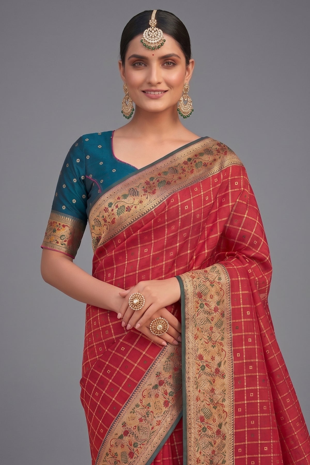 Crimson Red Art Silk Saree with Elegant Zari Checks and Contrast Floral Border