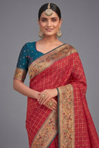 Crimson Red Art Silk Saree with Elegant Zari Checks and Contrast Floral Border