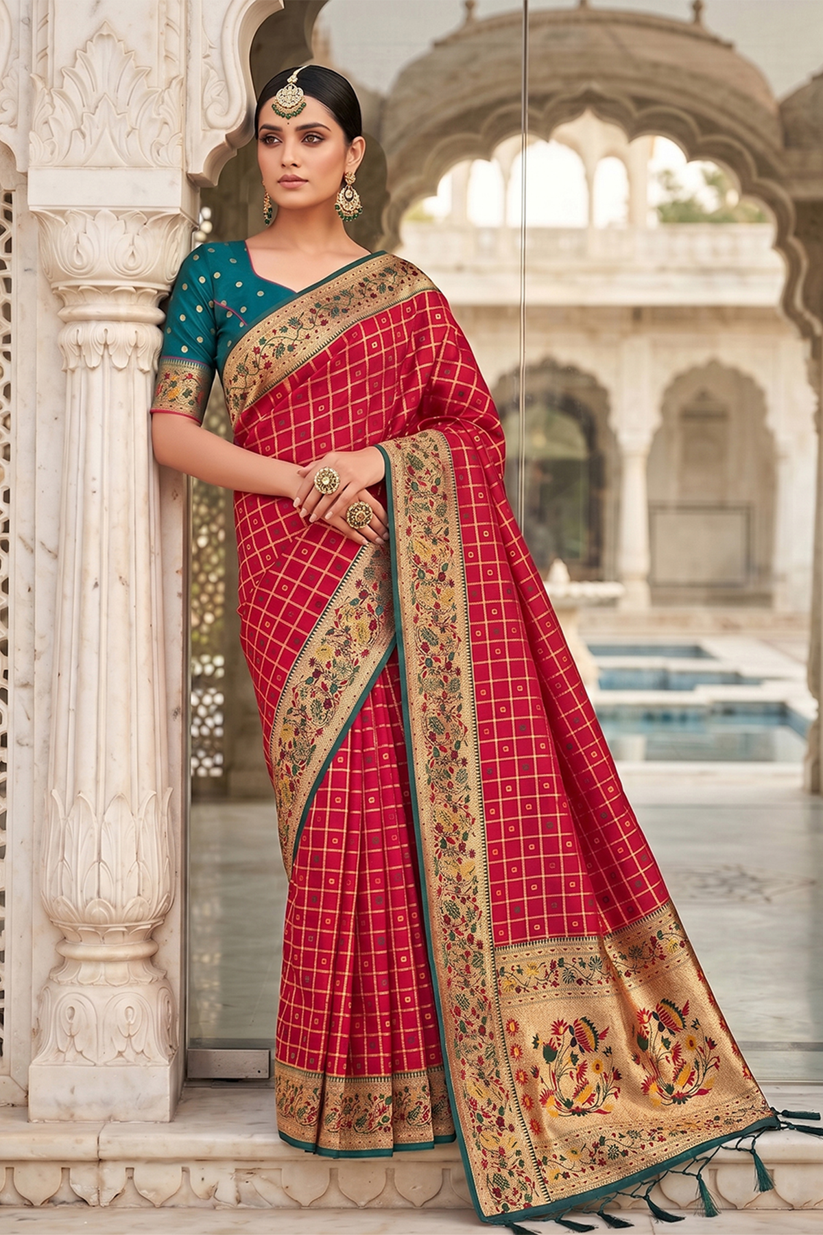 Crimson Red Art Silk Saree with Elegant Zari Checks and Contrast Floral Border