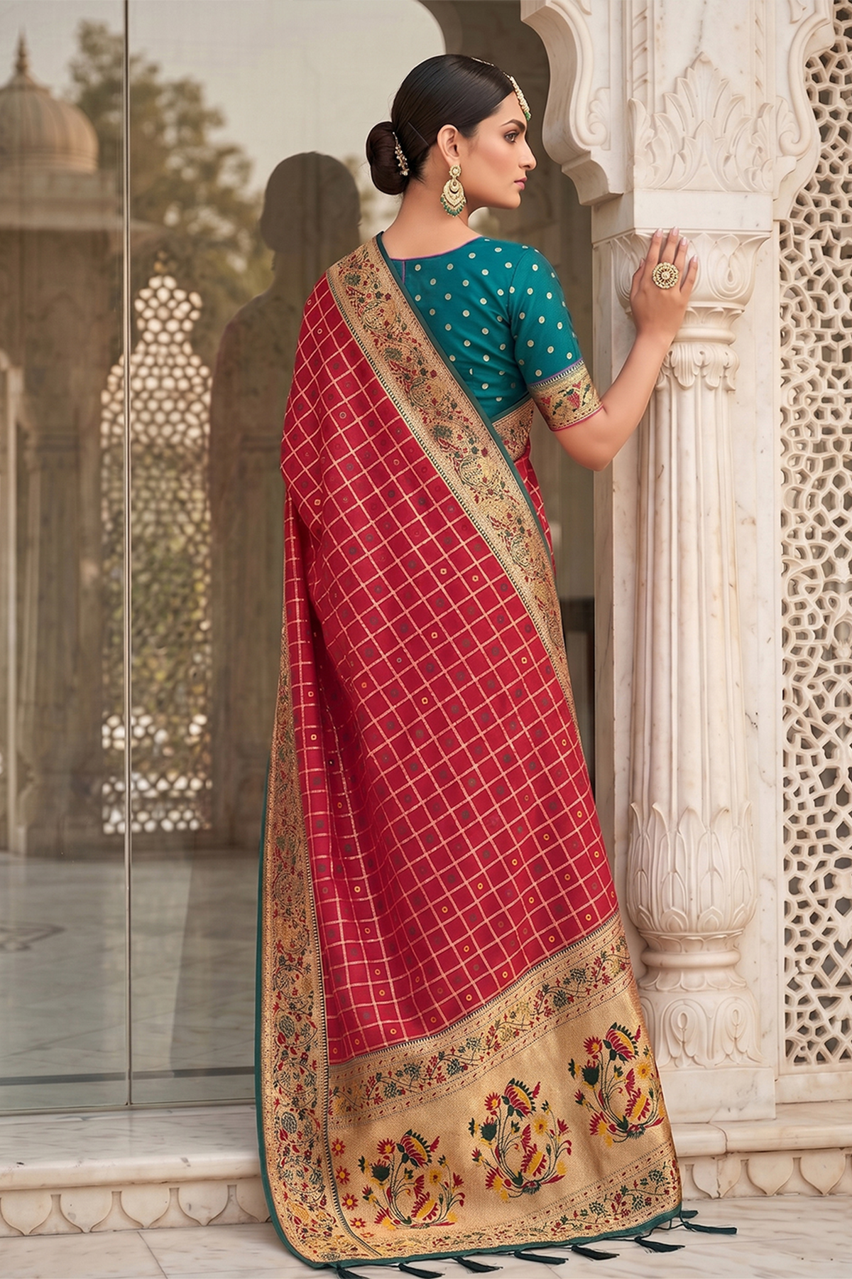 Crimson Red Art Silk Saree with Elegant Zari Checks and Contrast Floral Border