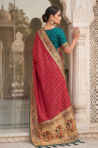 Crimson Red Art Silk Saree with Elegant Zari Checks and Contrast Floral Border