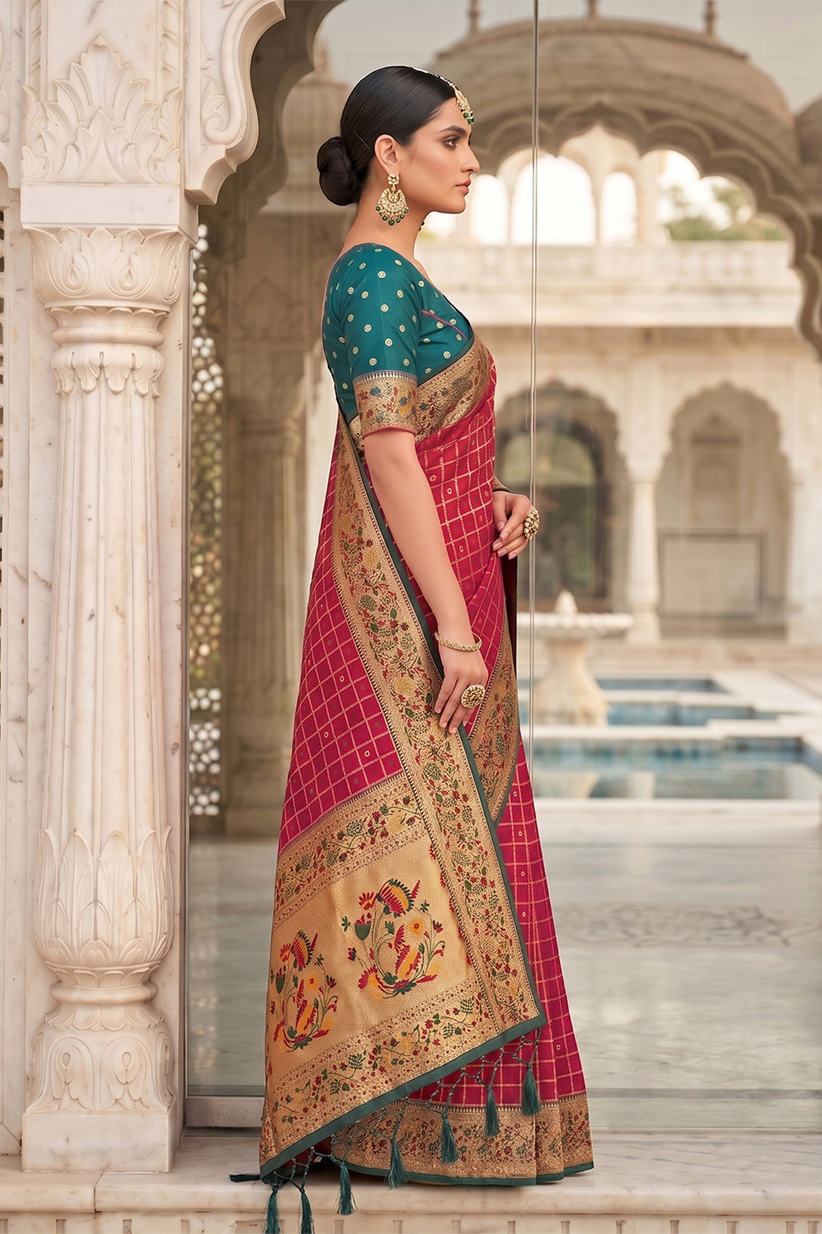 Crimson Red Art Silk Saree with Elegant Zari Checks and Contrast Floral Border