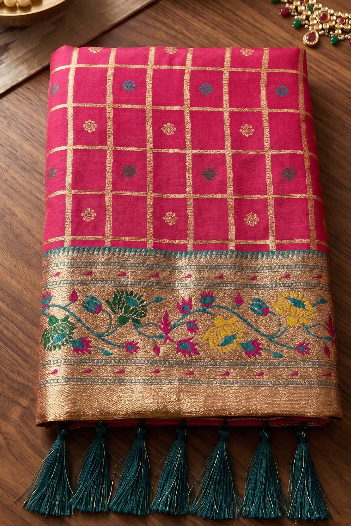 Crimson Red Art Silk Saree with Elegant Zari Checks and Contrast Floral Border
