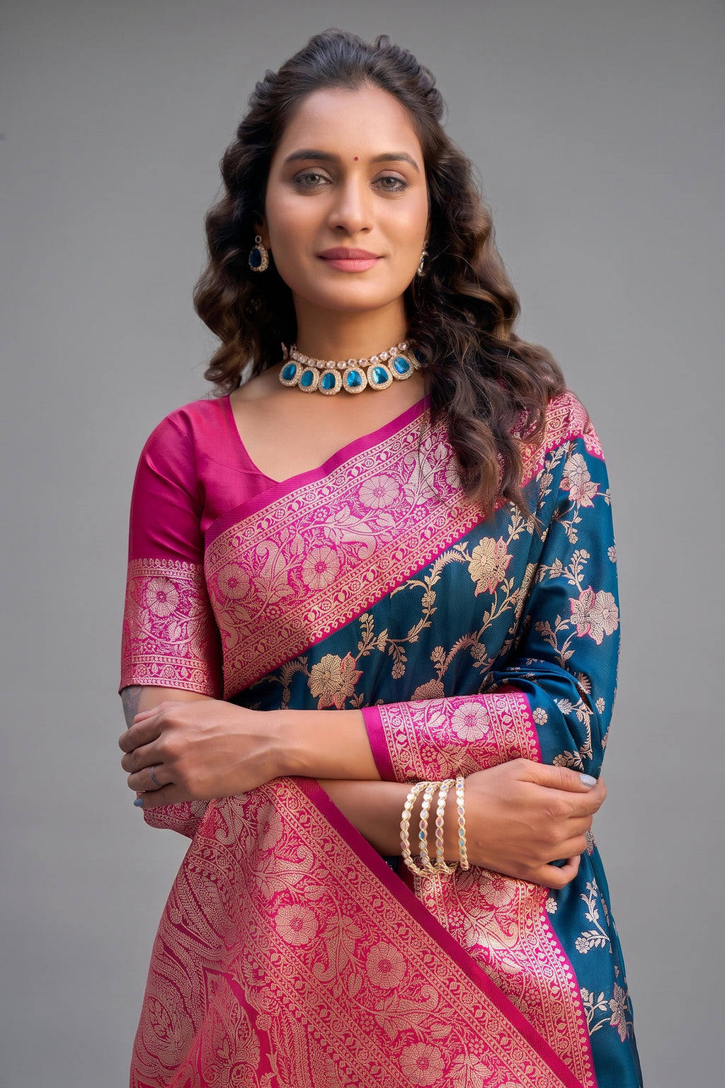 Navy Blue Art Silk All Over Zari Weaving Saree with Contrast Pink Border
