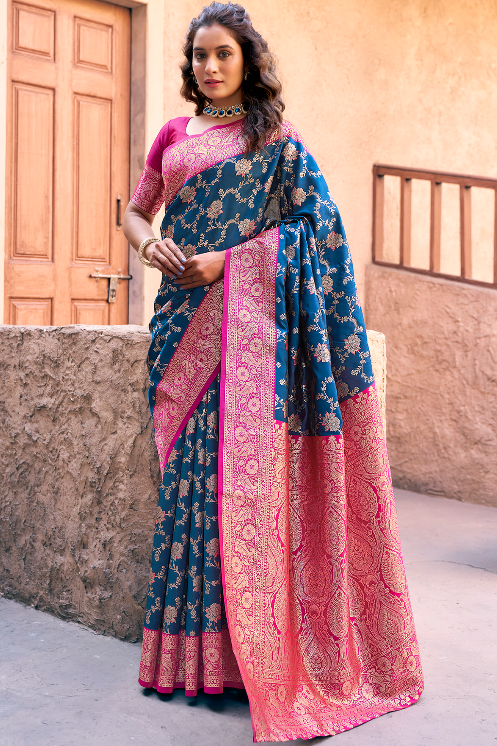 Navy Blue Art Silk All Over Zari Weaving Saree with Contrast Pink Border