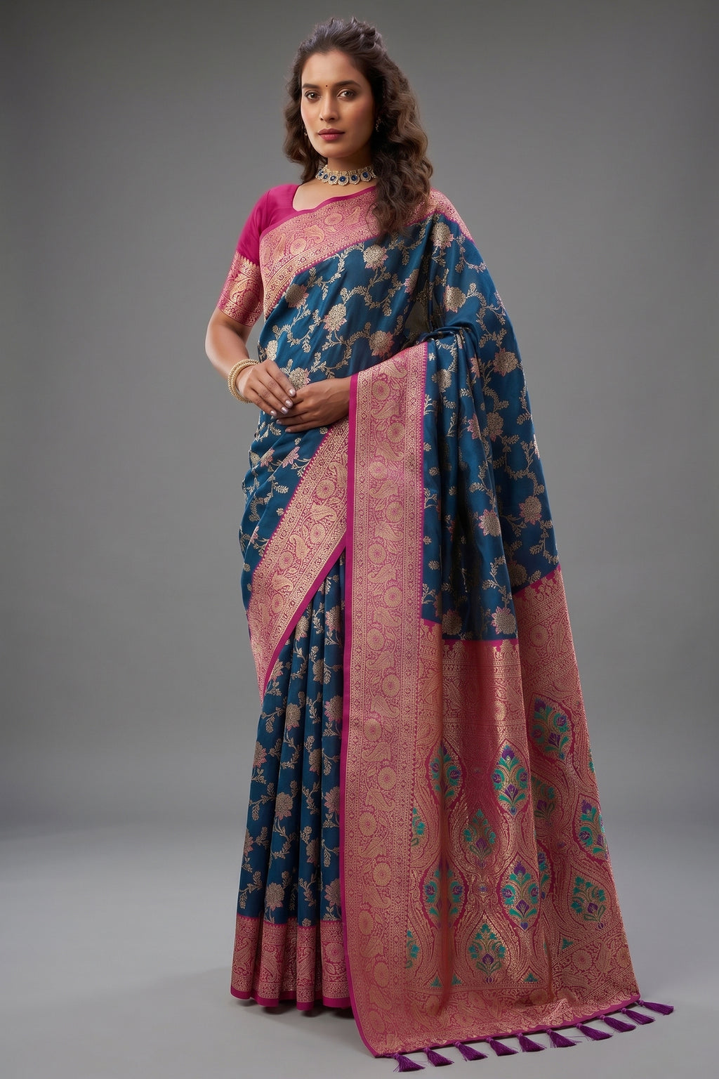 Navy Blue Art Silk All Over Zari Weaving Saree with Contrast Pink Border