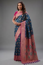 Navy Blue Art Silk All Over Zari Weaving Saree with Contrast Pink Border
